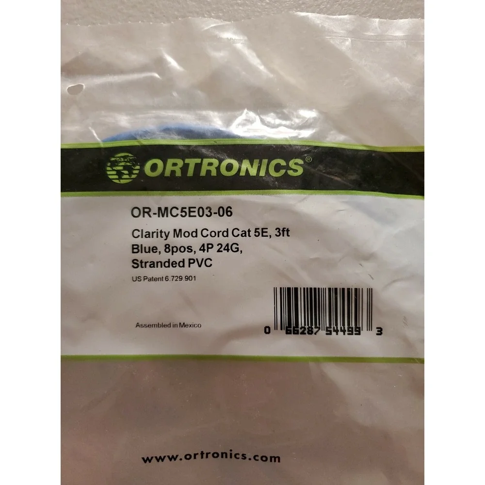 Ortronics Cord OR-MC5E03-06 MOD, Clarity, 5e 3 feet Blue 4P 24G ST PVC New
